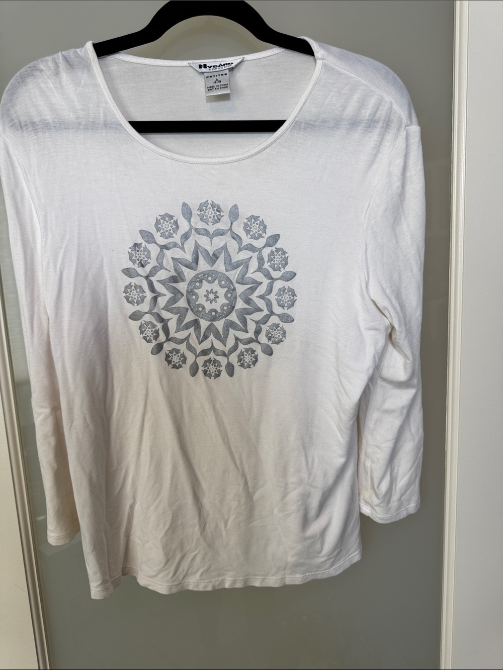 Nygard White Long-Sleeve Scoop Neck Top with Gray Mandala Print